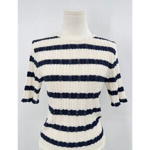 Zara Navy Ivory Stripe Pointelle Short Sleeve Sweater Stretch Knit M NWT